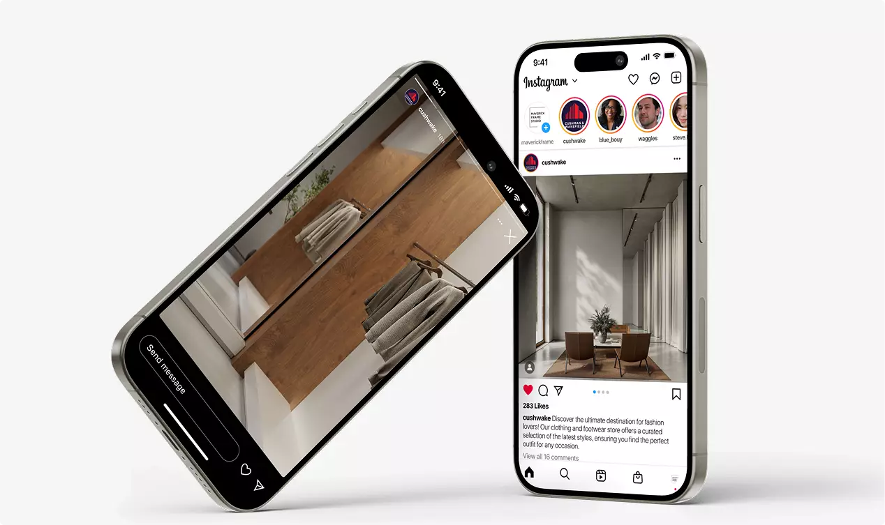 Commercial exterior rendering displayed on smartphones showing store interior and social media interface