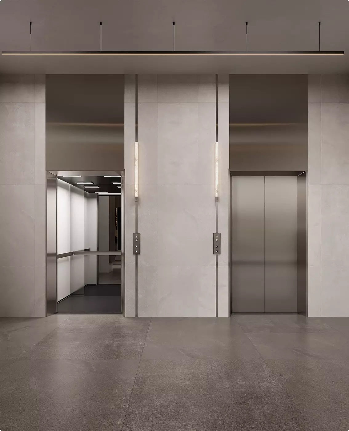 Elevator lobby commercial gym design with metal doors, wall lighting, and minimal interior