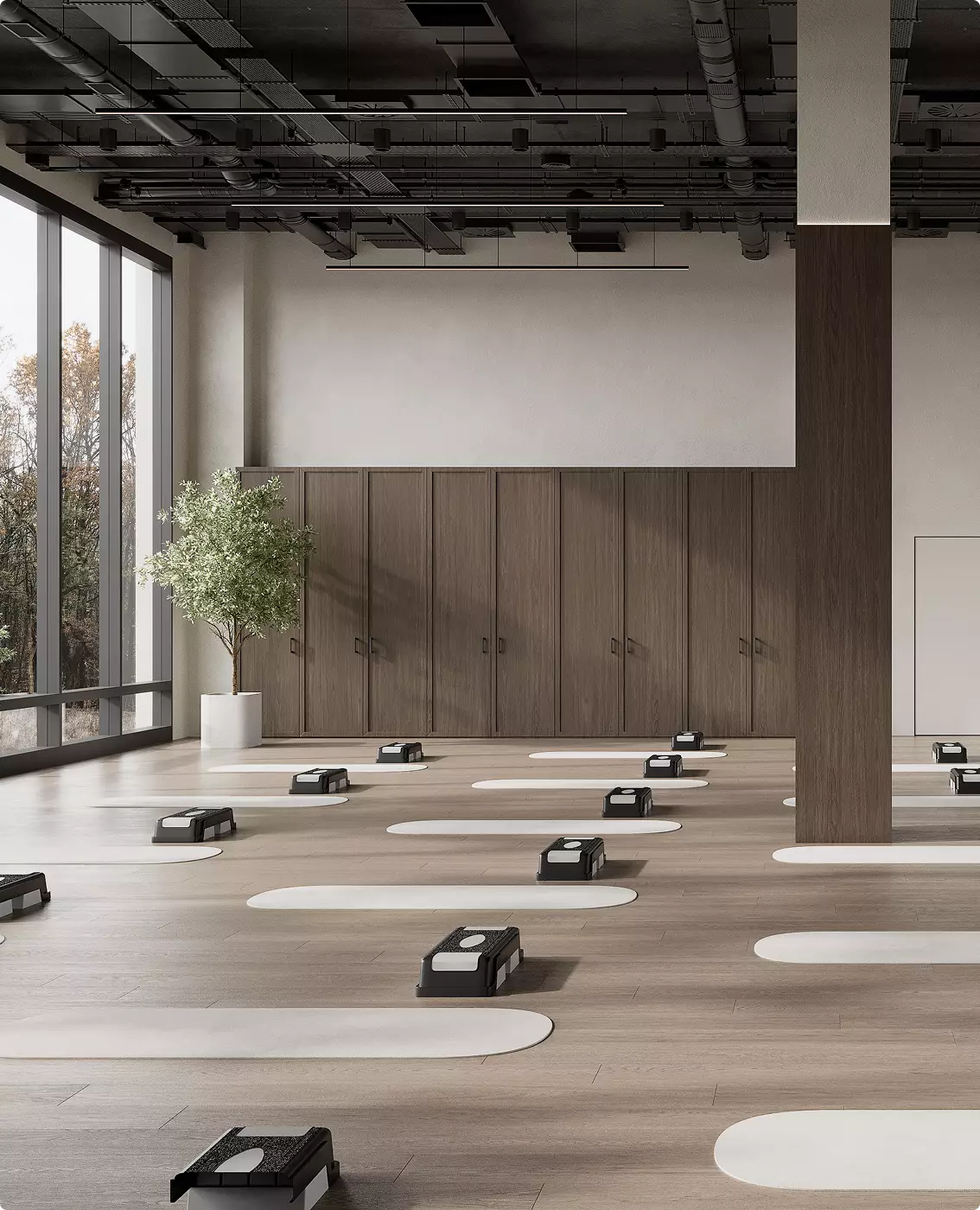 Group fitness studio commercial gym design with step platforms, wood floor, and large windows