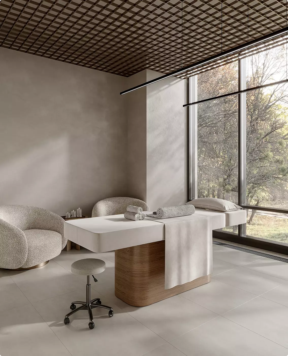 Massage room commercial gym design with treatment table, chairs, and large window view