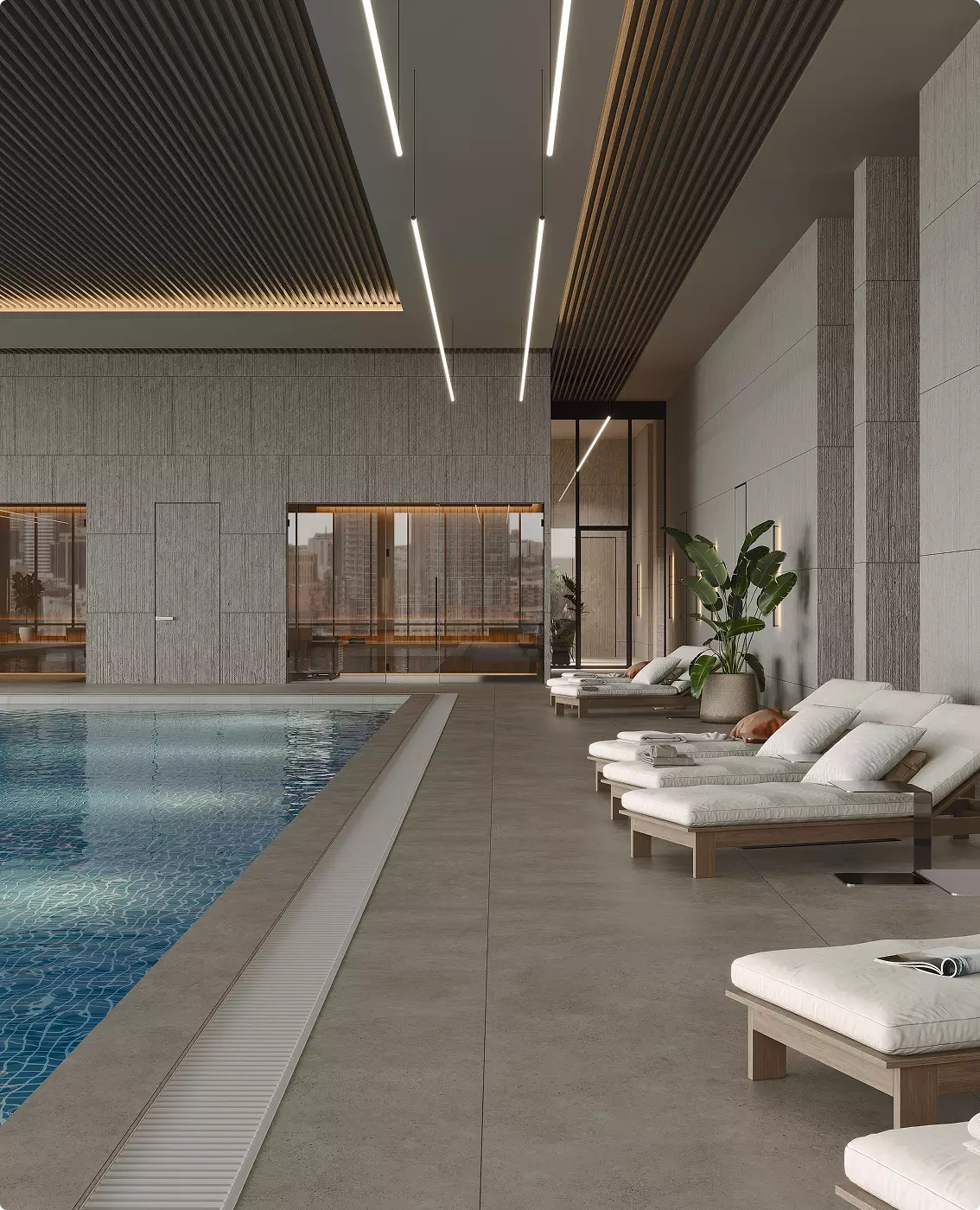 Poolside lounge commercial gym design with cushioned chairs, plants, and textured walls