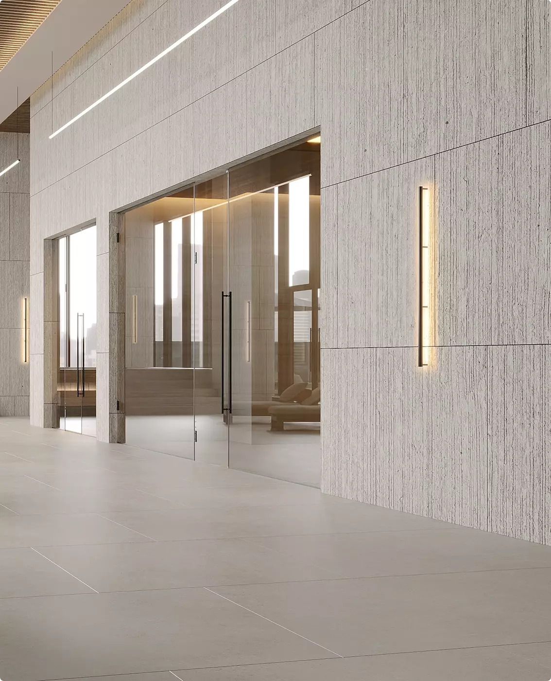 Spa corridor commercial gym design with glass doors, stone walls, and warm lighting
