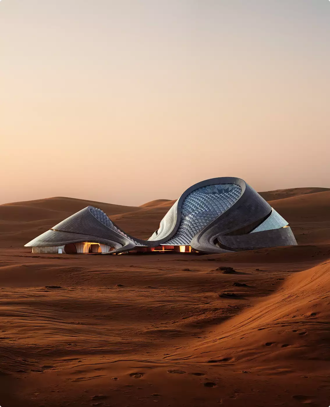 Close view of desert hotel 3D rendering with sculpted curved roofs in sandy landscape at dusk