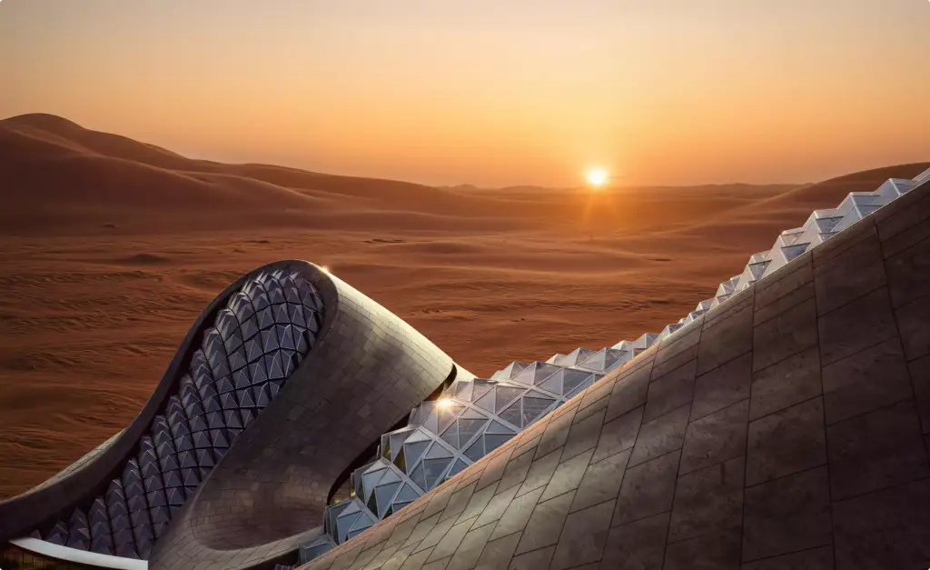 Desert hotel 3D rendering rooftop with geometric glass panels and sunrise over dunes