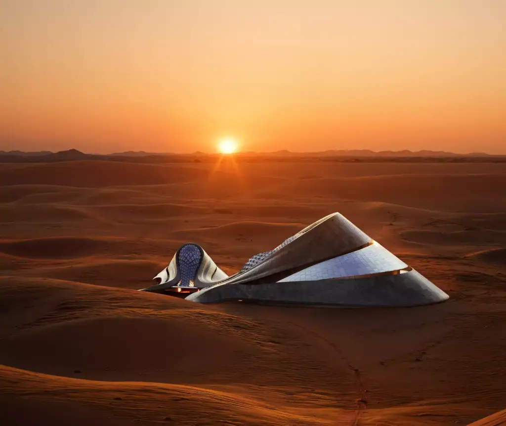 Side view of desert hotel 3D rendering at sunset with sleek layered structure in dunes