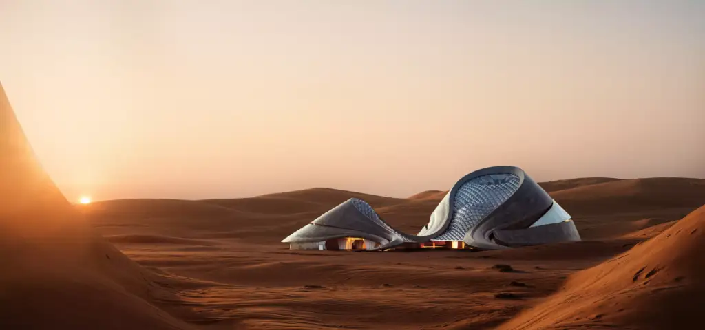 Futuristic desert hotel 3D rendering in sand dunes at sunset with curved metallic buildings
