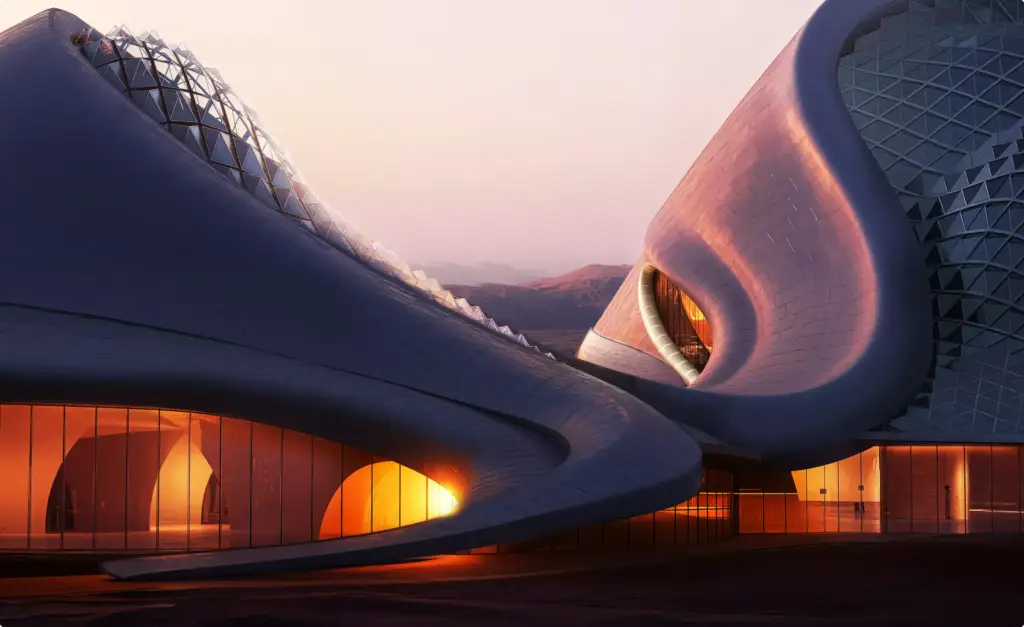 Close view of desert resort visualization with curved facade and glowing interior windows