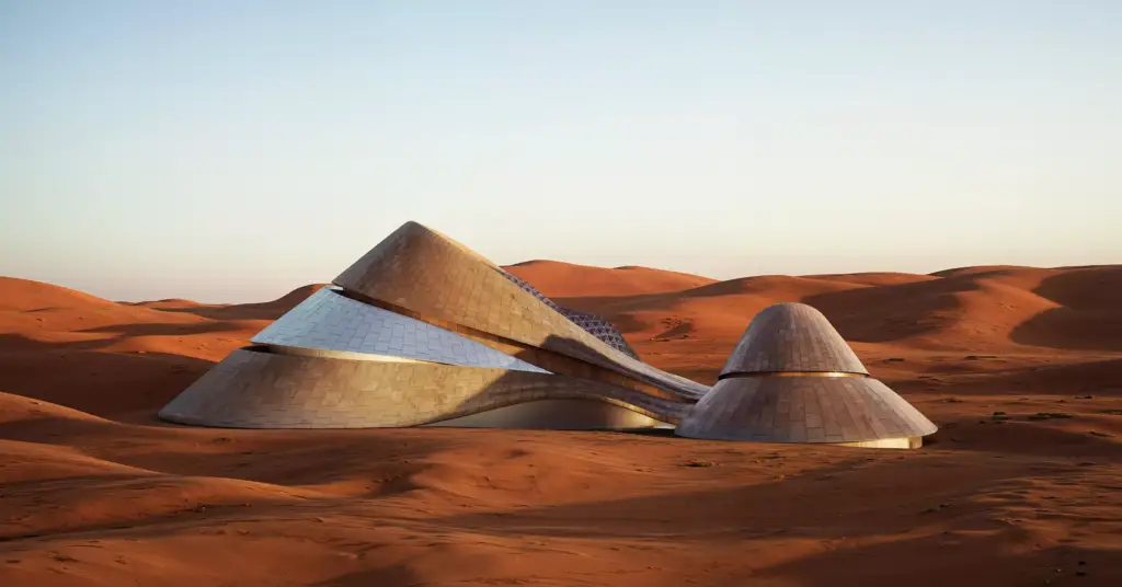 Desert resort visualization with layered curved buildings blending into sandy dunes landscape