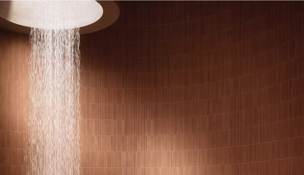 Desert resort visualization shower with falling water against curved tiled wall
