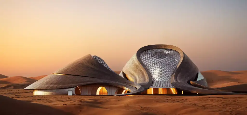 Futuristic desert resort visualization with flowing metallic structure in dunes at sunset