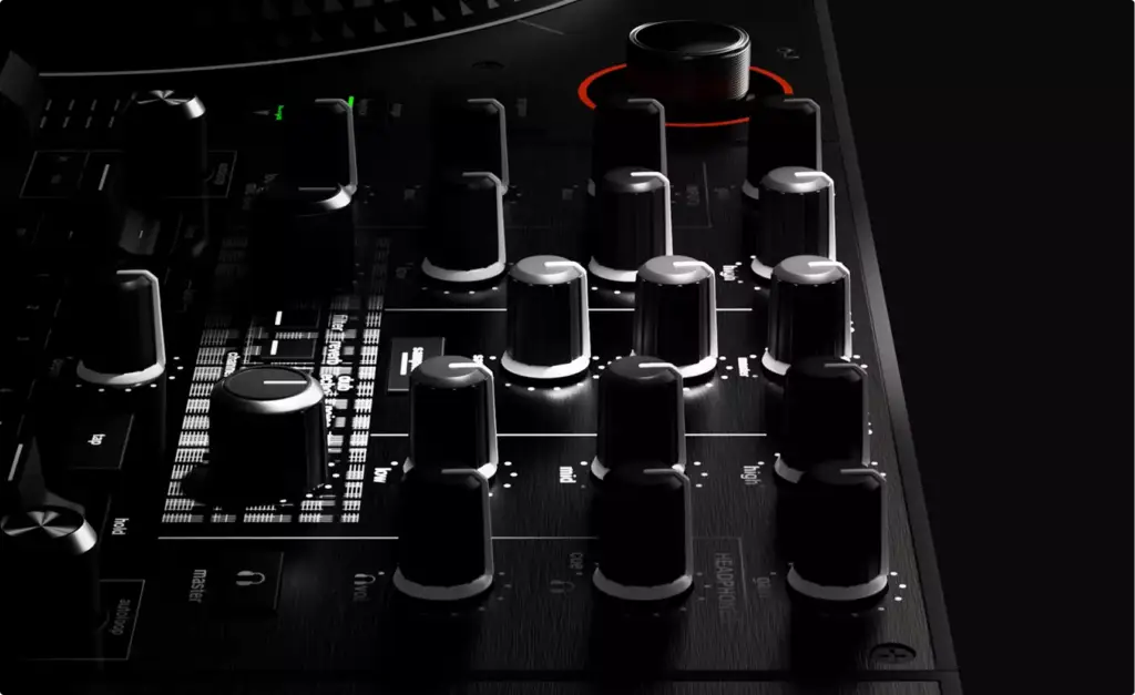 DJ pult 3D rendering mixer section angled view with illuminated knob and control layout