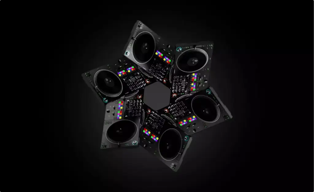 DJ pult 3D rendering multiple DJ controllers arranged in circular pattern on dark background