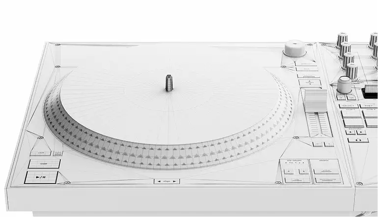 DJ pult 3D rendering wireframe turntable close up showing platter and controls in white model view
