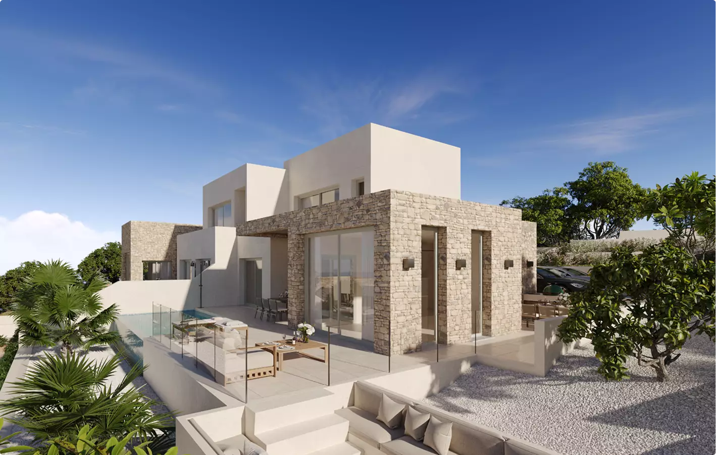 Render exterior 3D: qué es, para qué sirve y ejemplos Render exterior diurno de una villa de piedra con terraza