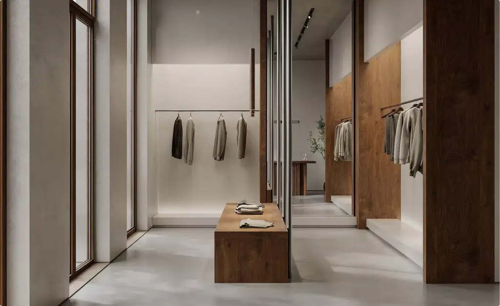 Fashion store interior design with central wooden bench, mirrors, and minimalist layout with clothing displays