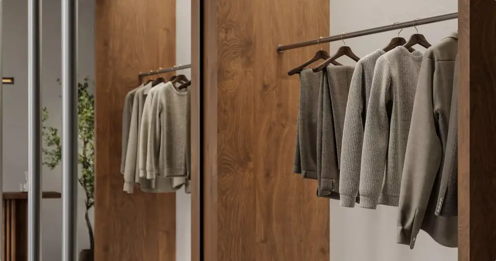 Fashion store interior design with clothing rack, wooden panels, and neutral garments on hangers