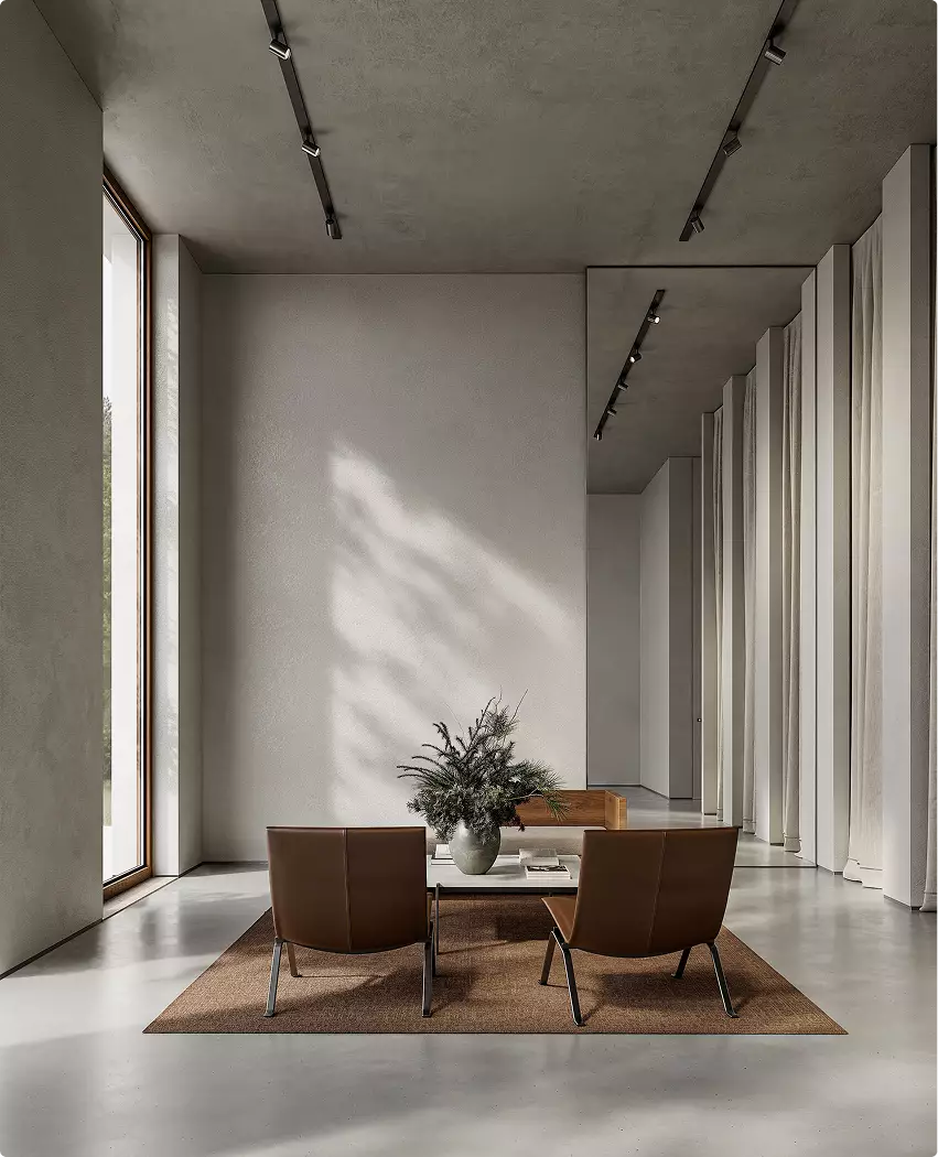 Fashion store interior design with lounge seating, chairs, rug, and large window casting natural light
