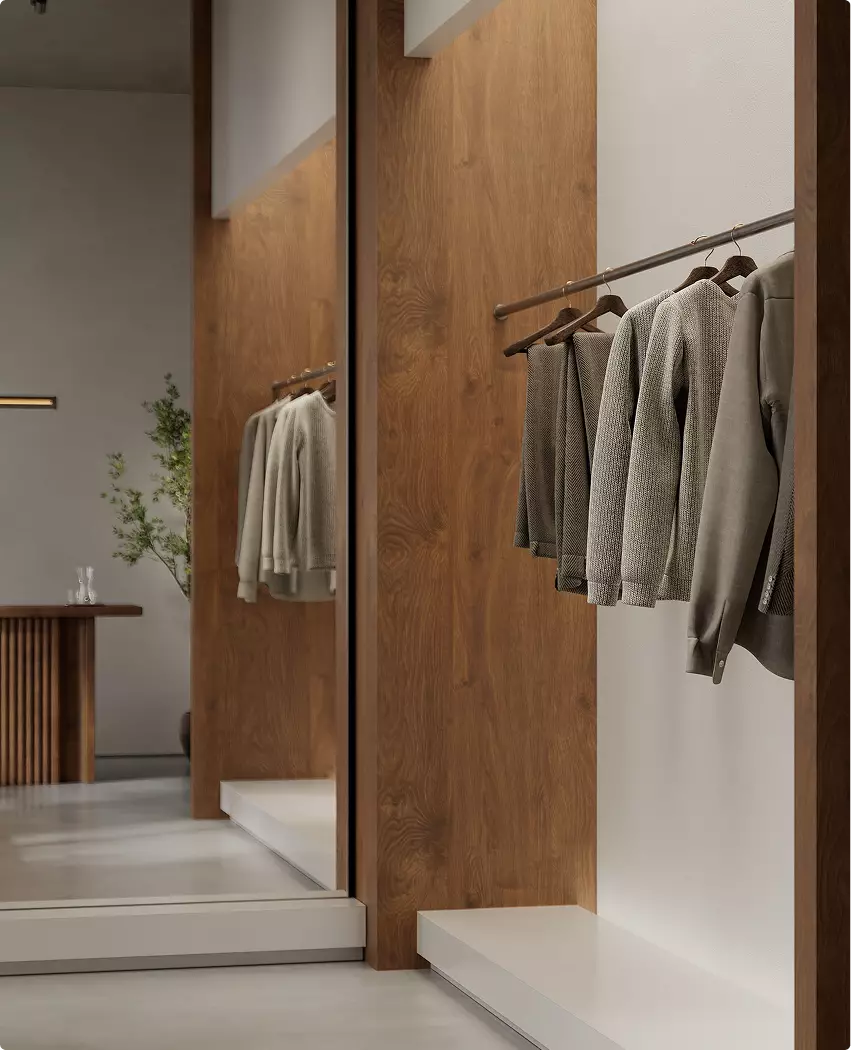 Fashion store interior design with clothing rack, mirror reflection, and wooden wall panels