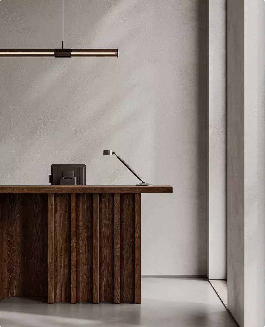 Fashion store interior design with wooden reception desk, lamp, and clean minimalist wall backdrop