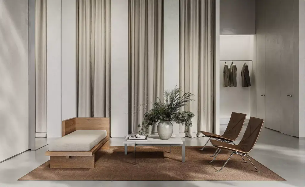 Fashion store interior design with sofa, chairs, table, and curtain backdrop in neutral tones