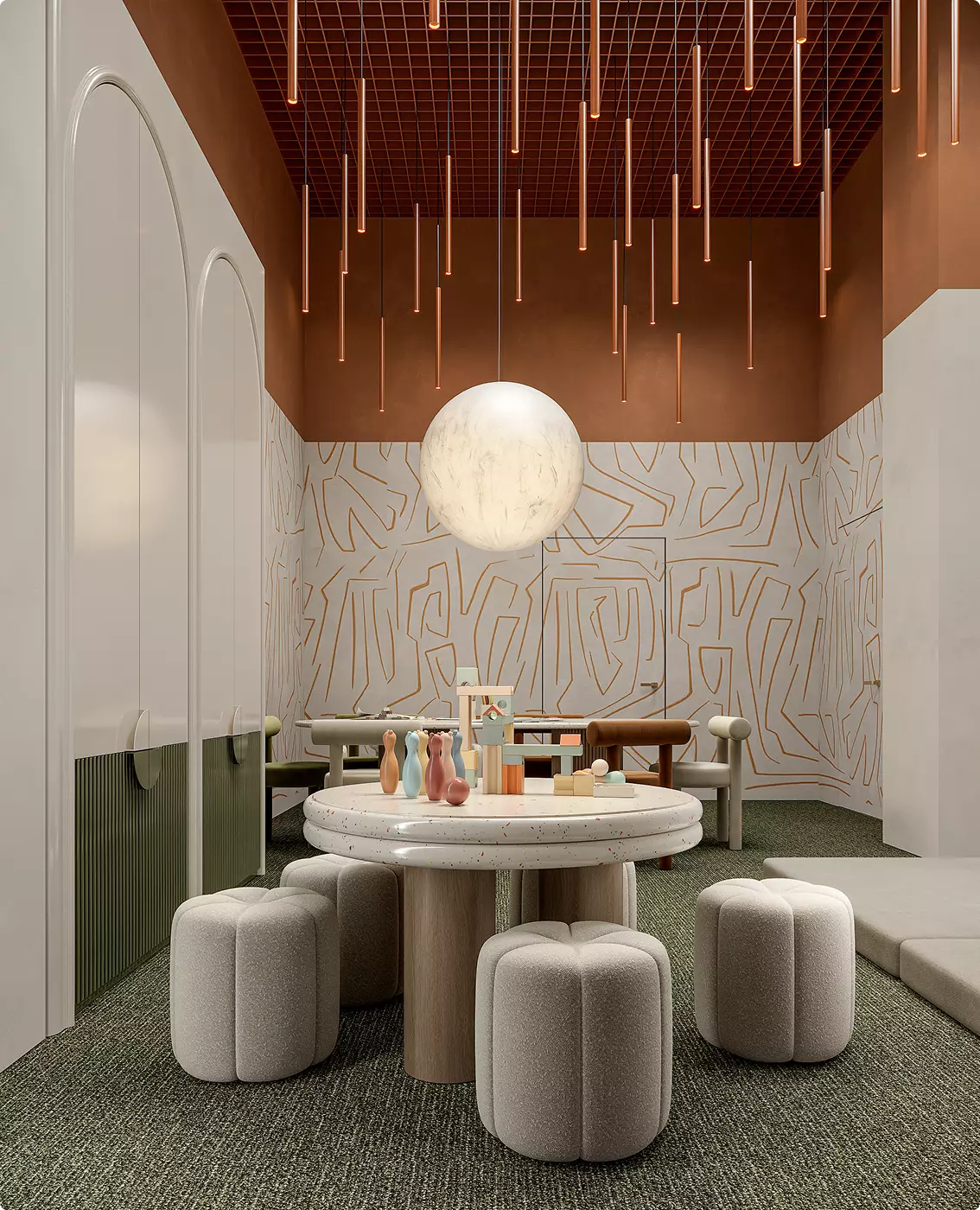 Children activity space fitness center architectural design with round table, stools, and pendant lighting