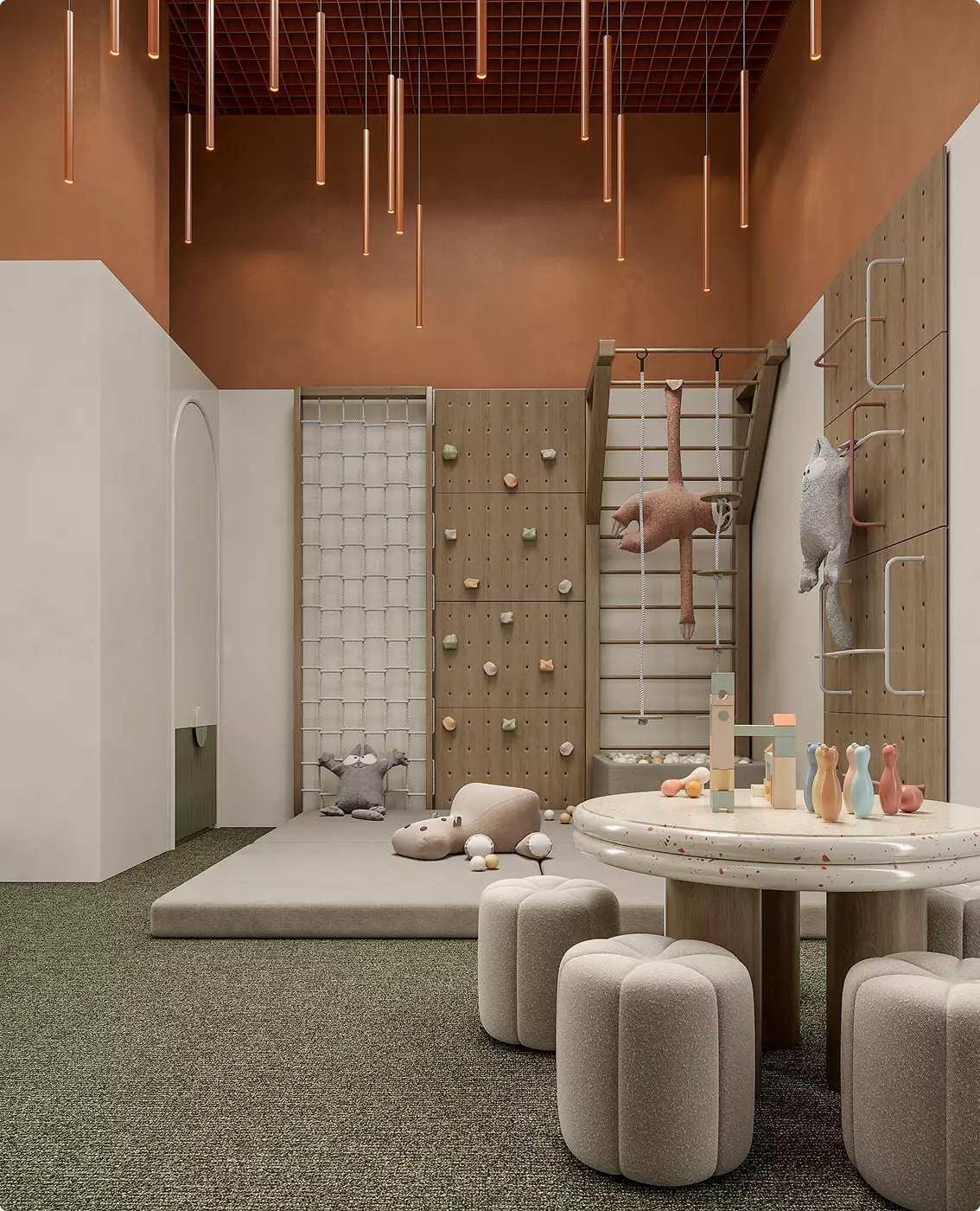 Kids play area fitness center architectural design with climbing wall, soft seating, and warm lighting