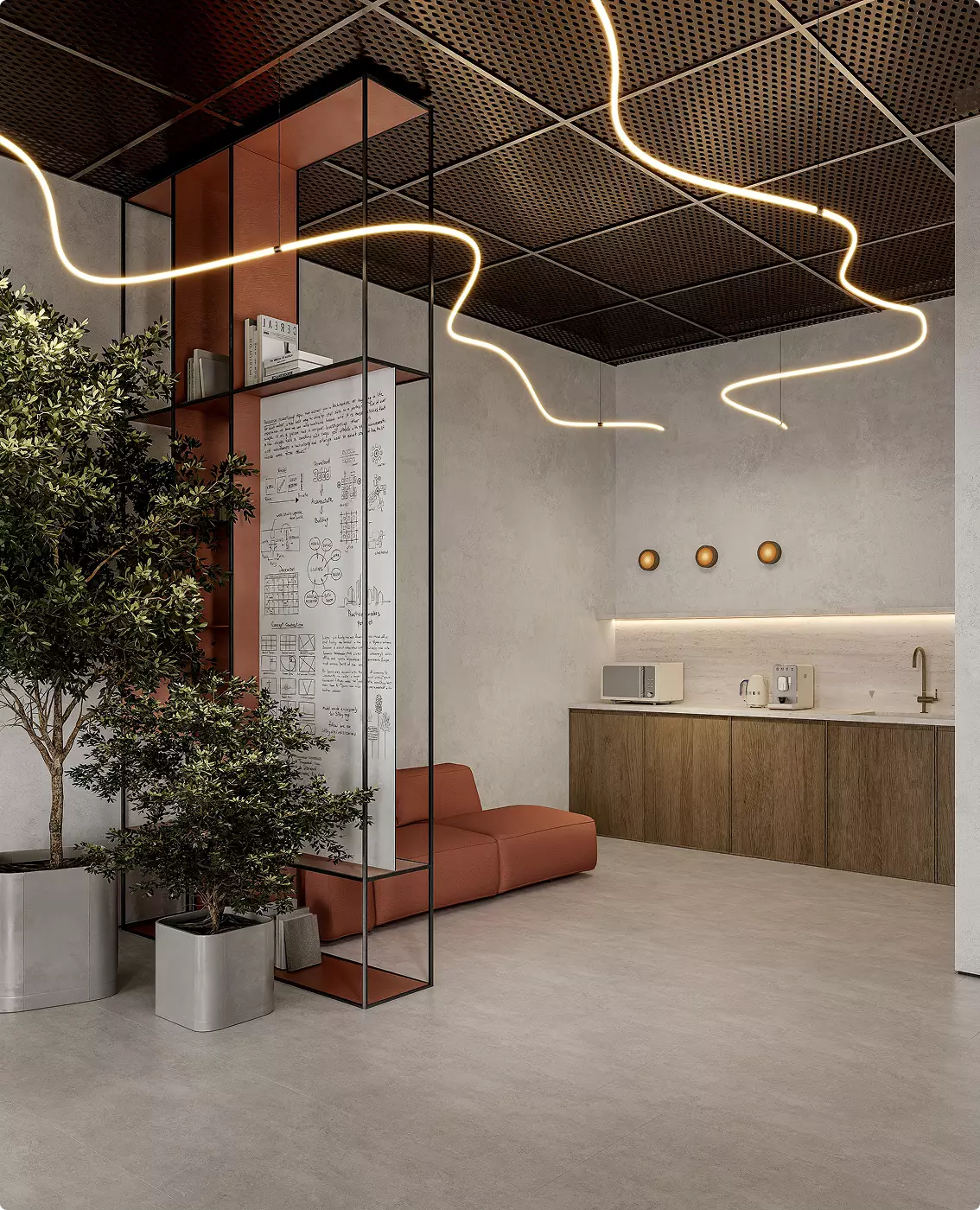 Lounge workspace fitness center architectural design with shelving, plants, and modern lighting fixtures