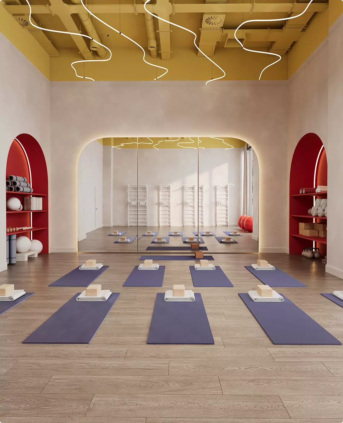 Mirrored yoga room fitness center architectural design with mats, arches, and ceiling lighting