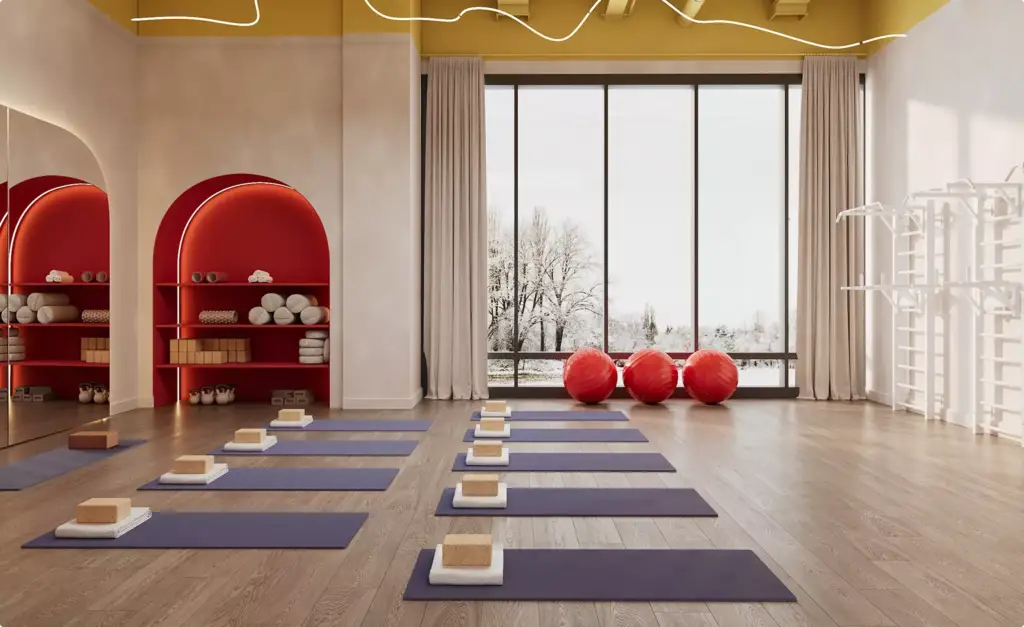 Yoga studio fitness center architectural design with mats, blocks, red accents, and large window
