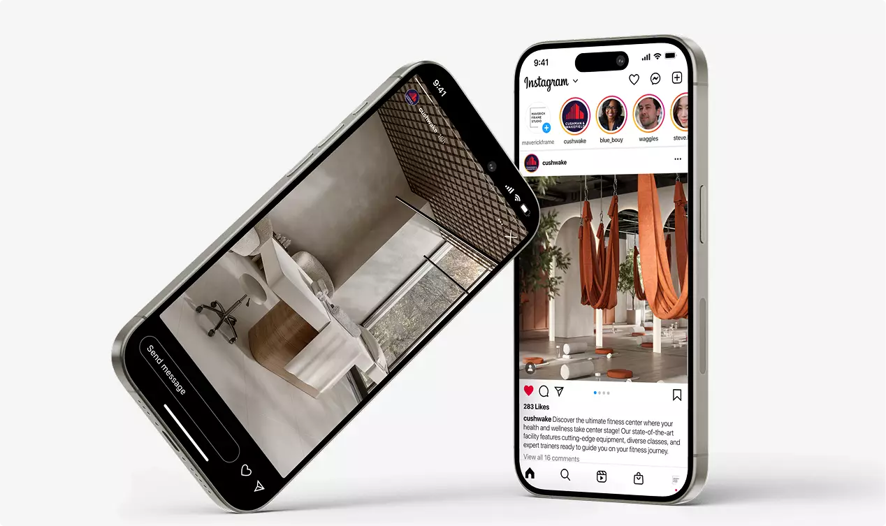Smartphone screens fitness club interior design showing gym interior on social media interface