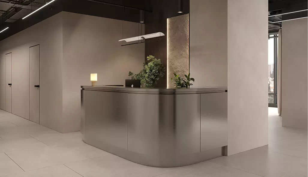 Reception desk fitness club interior design with curved metal counter, plants, and minimalist lighting