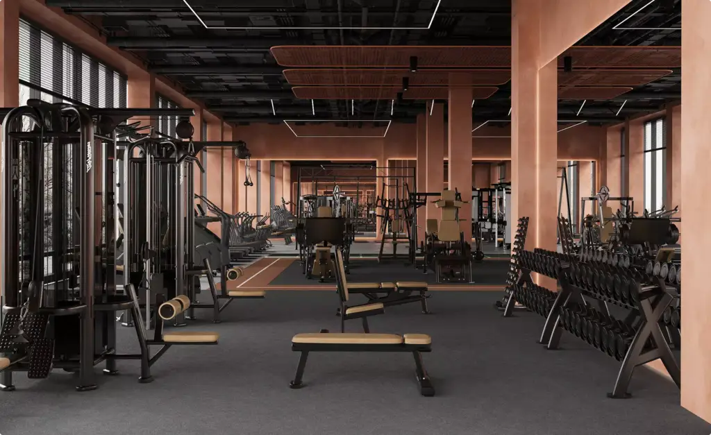 Weight training area fitness club interior design with machines, benches, dumbbells, and warm lighting