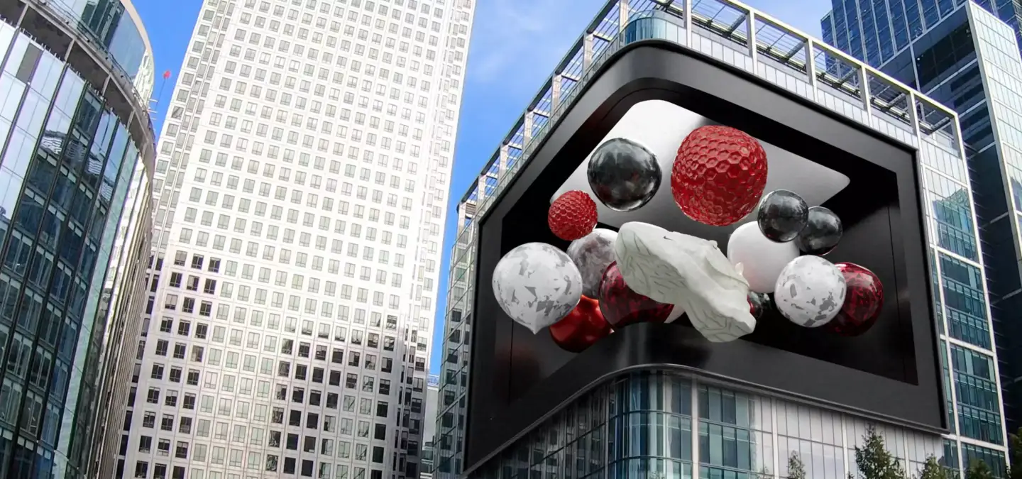 ¿Qué es el FOOH? Publicidad fake out of home explicada Anuncio FOOH: valla curva con esferas gigantes creado con CGI