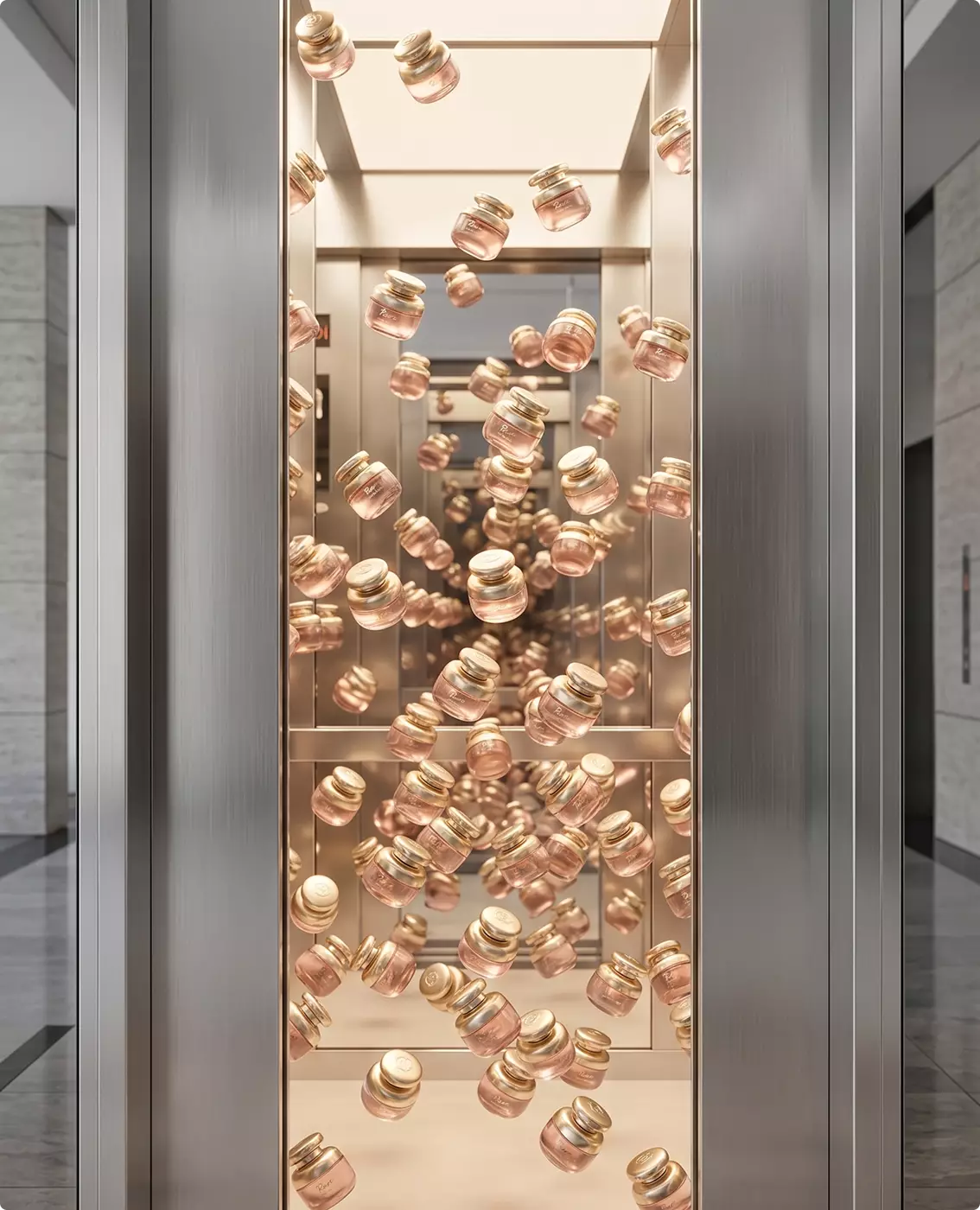 FOOH and CGI Advertising floating cosmetic jars filling a glass elevator with mirrored reflections