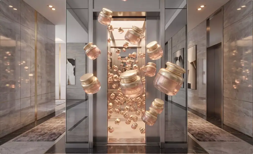 FOOH and CGI Advertising floating cosmetic jars inside a mirrored elevator lobby with warm lighting