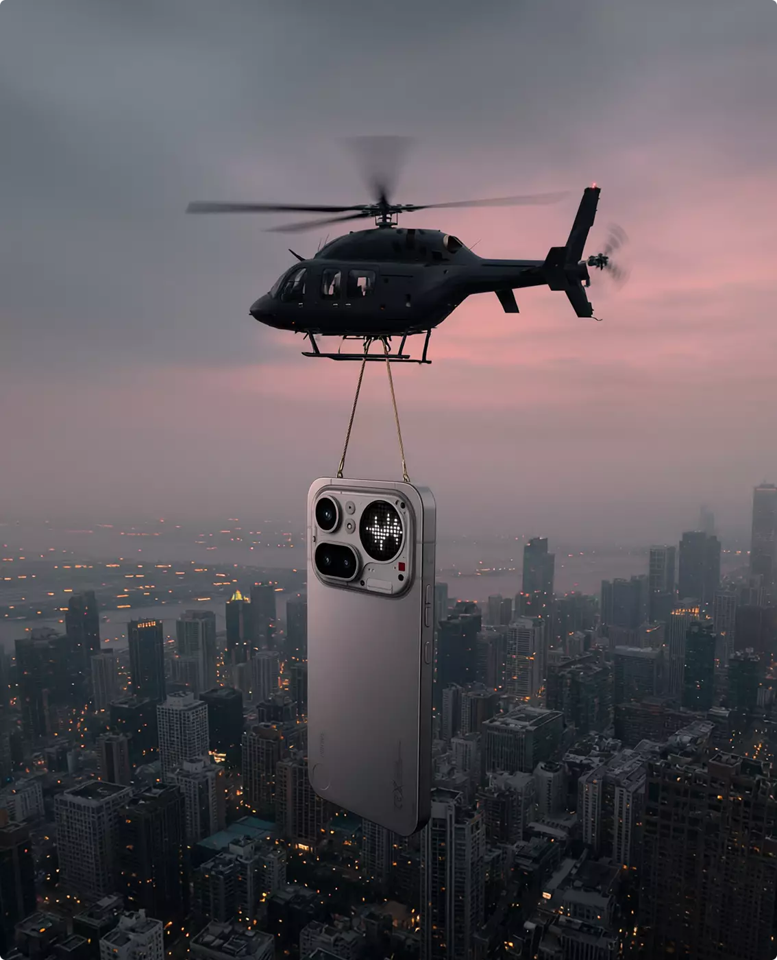 FOOH and CGI Advertising helicopter carrying a giant smartphone above illuminated skyscrapers