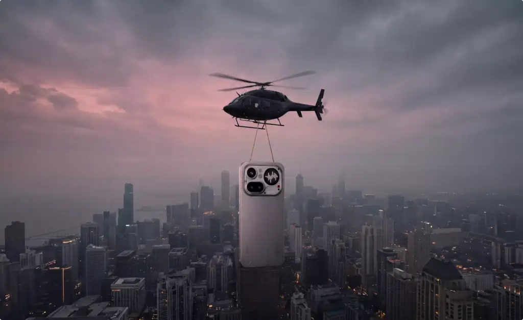 FOOH and CGI Advertising helicopter lifting a giant smartphone above a city skyline at dusk