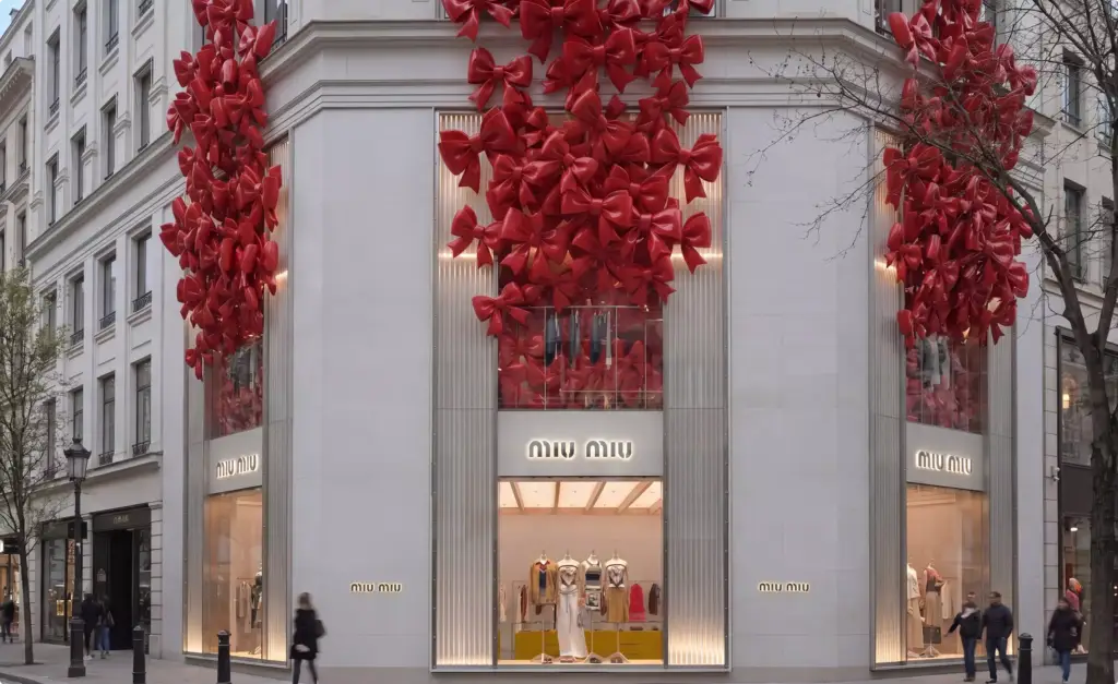 FOOH and CGI Advertising red ribbon installation covering a Miu Miu fashion storefront facade