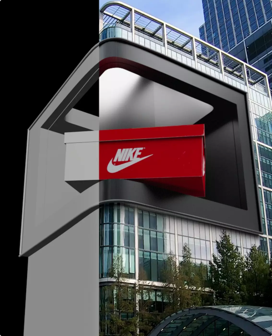 FOOH and CGI Advertising split-screen billboard mockup with a red Nike shoebox display