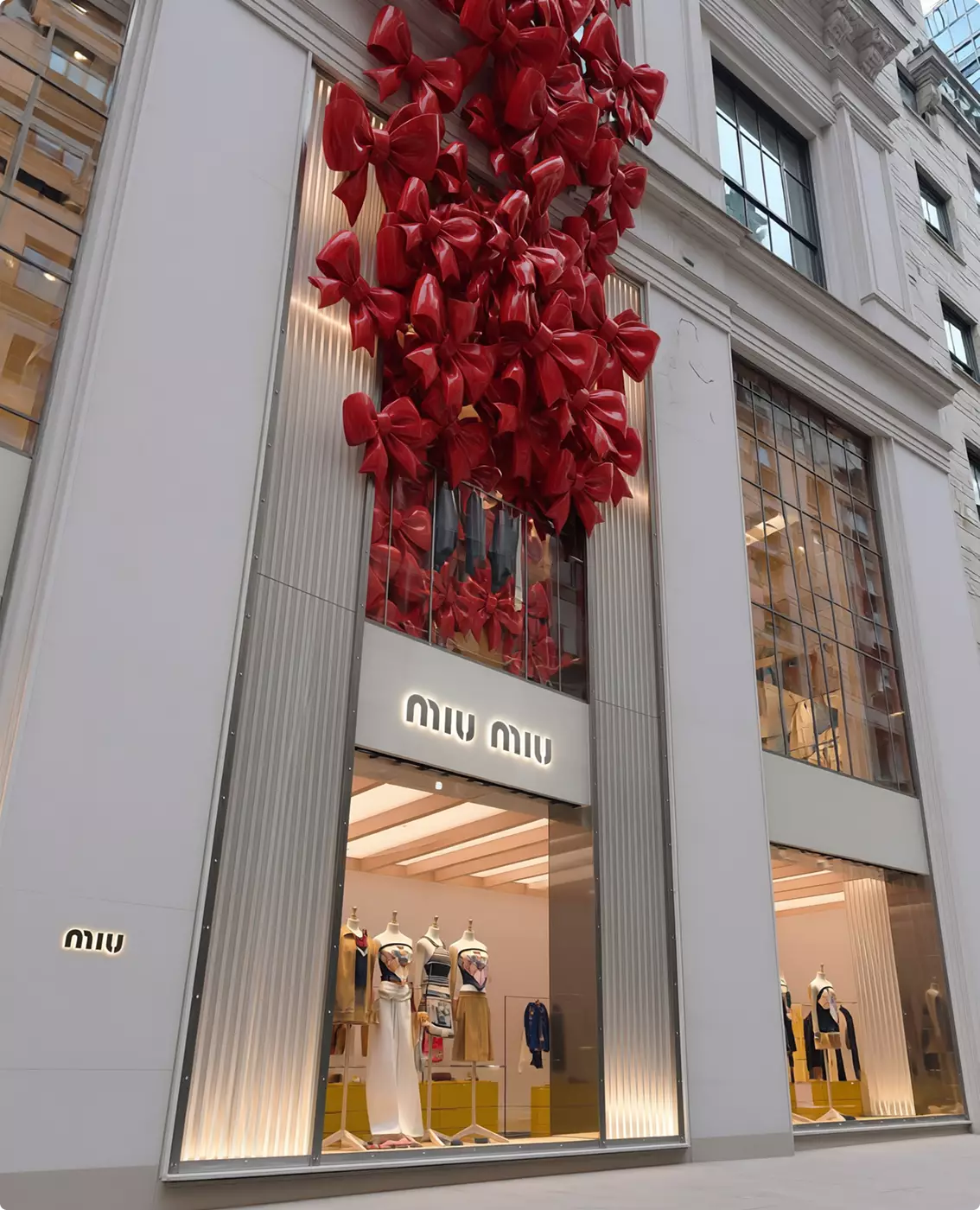FOOH and CGI Advertising cascading red bows decorating a luxury Miu Miu storefront exterior