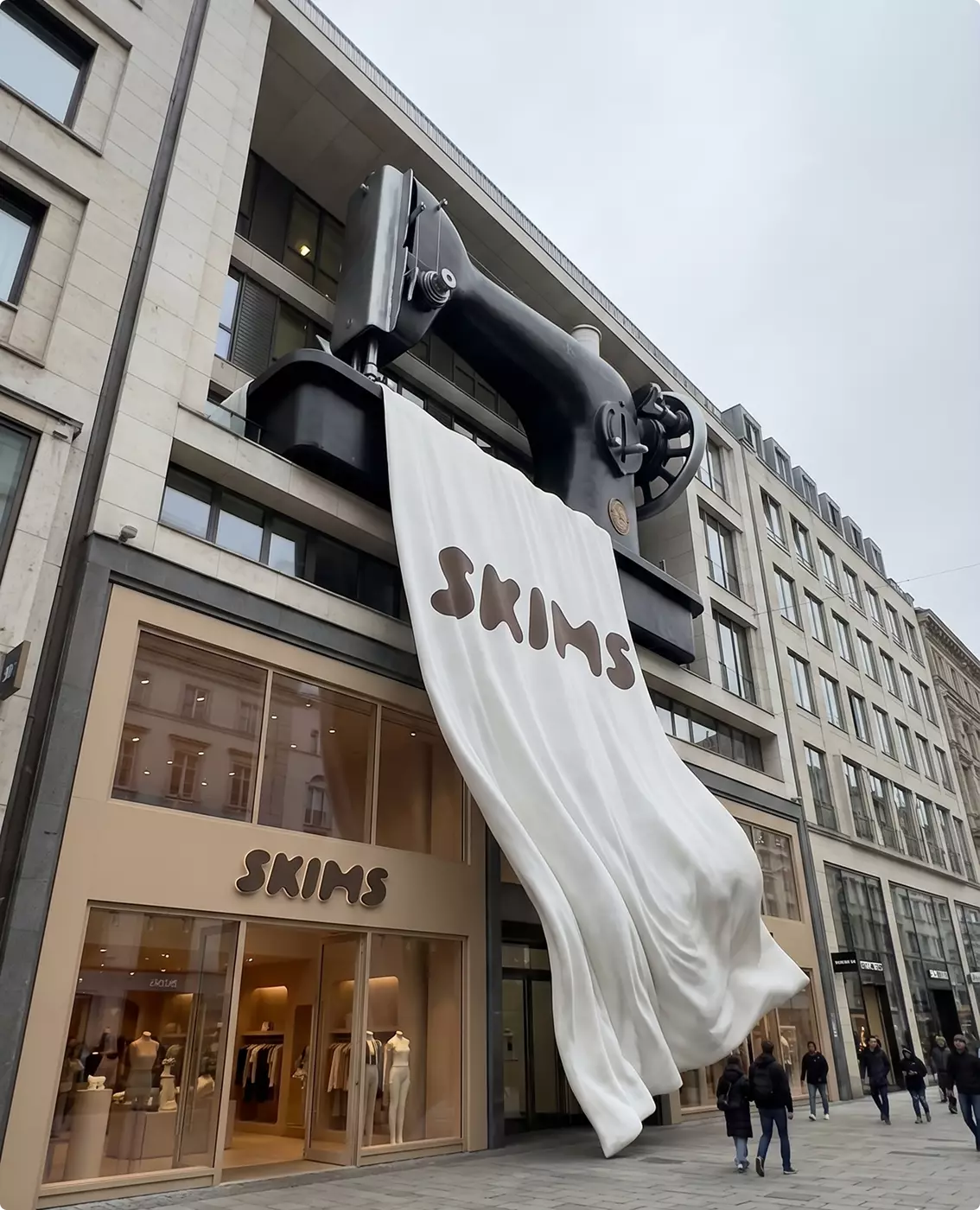 FOOH and CGI Advertising giant sewing machine hanging fabric above a SKIMS retail storefront