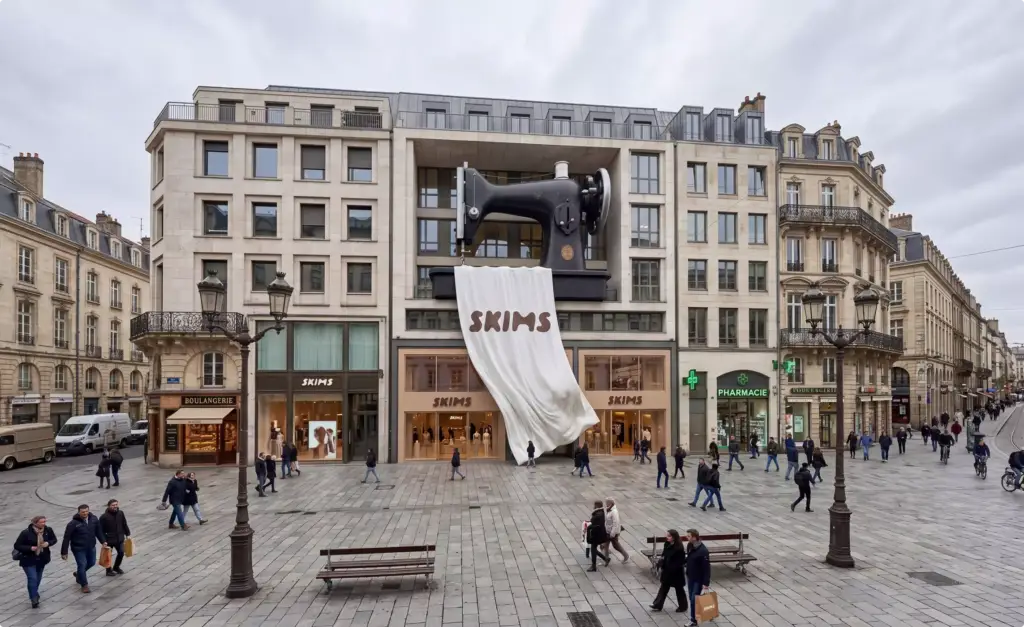 FOOH and CGI Advertising giant sewing machine draping SKIMS fabric over a Paris storefront plaza