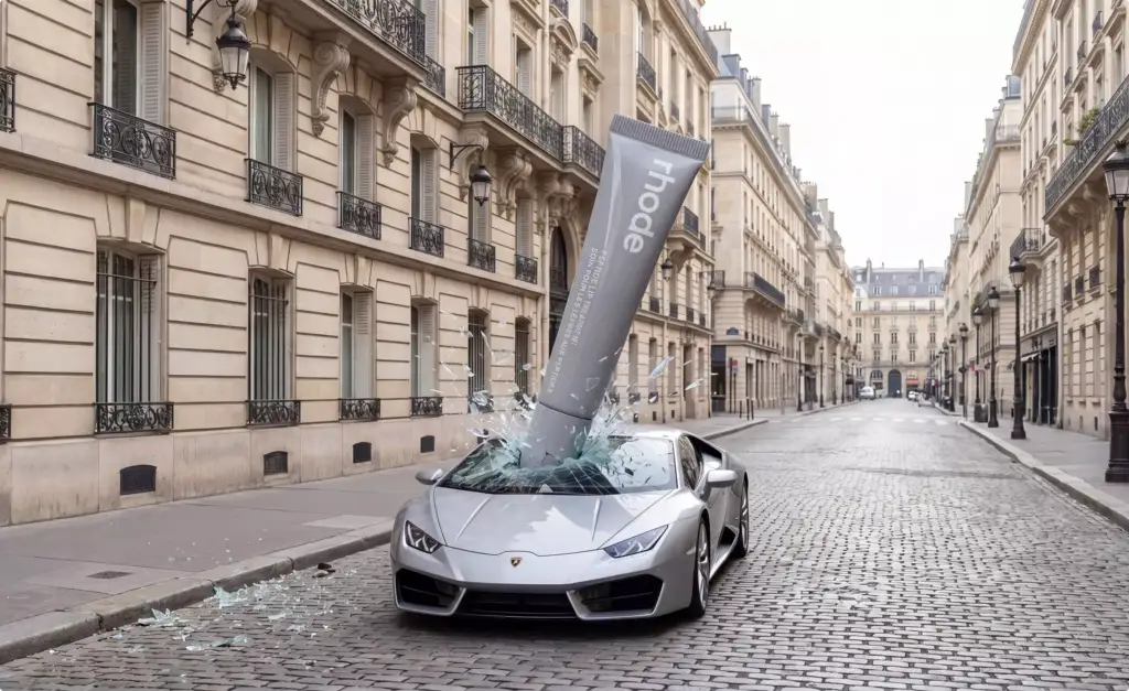 FOOH and CGI Advertising oversized skincare tube crashing through a silver sports car on Paris street