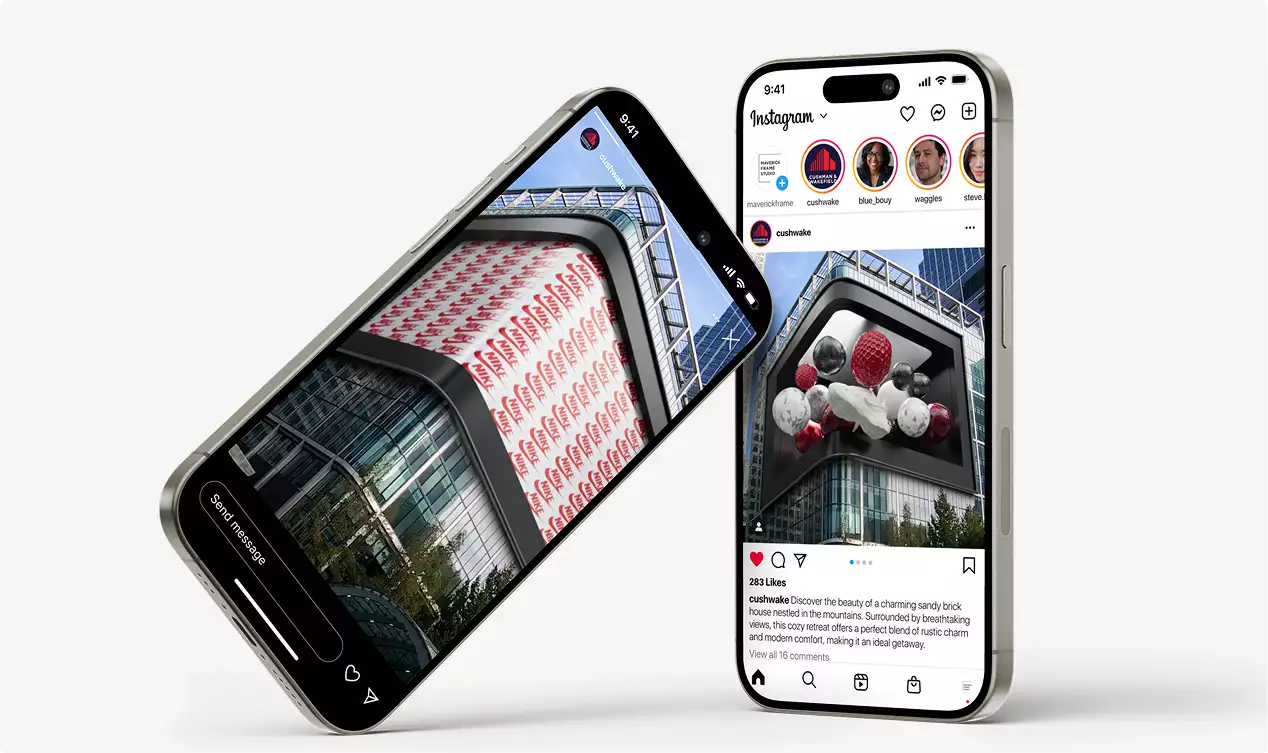 Fooh CGI billboard campaign shown on two smartphone screens, including an Instagram-style post mockup.
