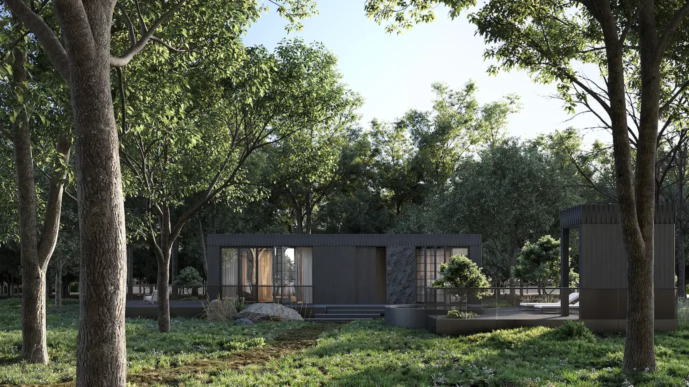 Best AI Rendering Tools for Architectural Rendering Dark modern cabin in a wooded clearing with deck and trees, ai architectural rendering