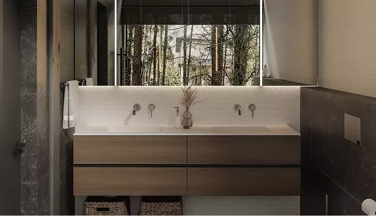 Modern forest house exterior bathroom with double sink vanity and mirror reflecting trees outside window