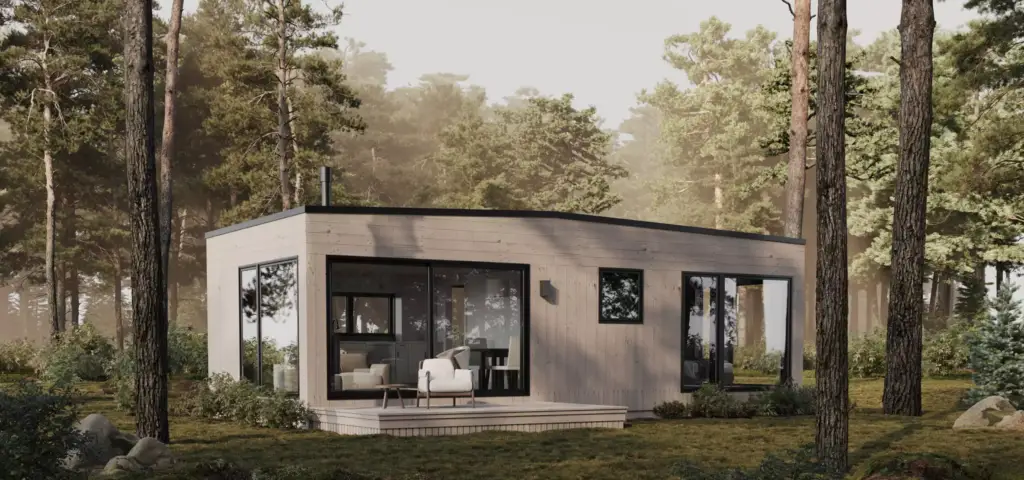 Modern forest house exterior with flat roof, wood facade, and large windows surrounded by pine trees