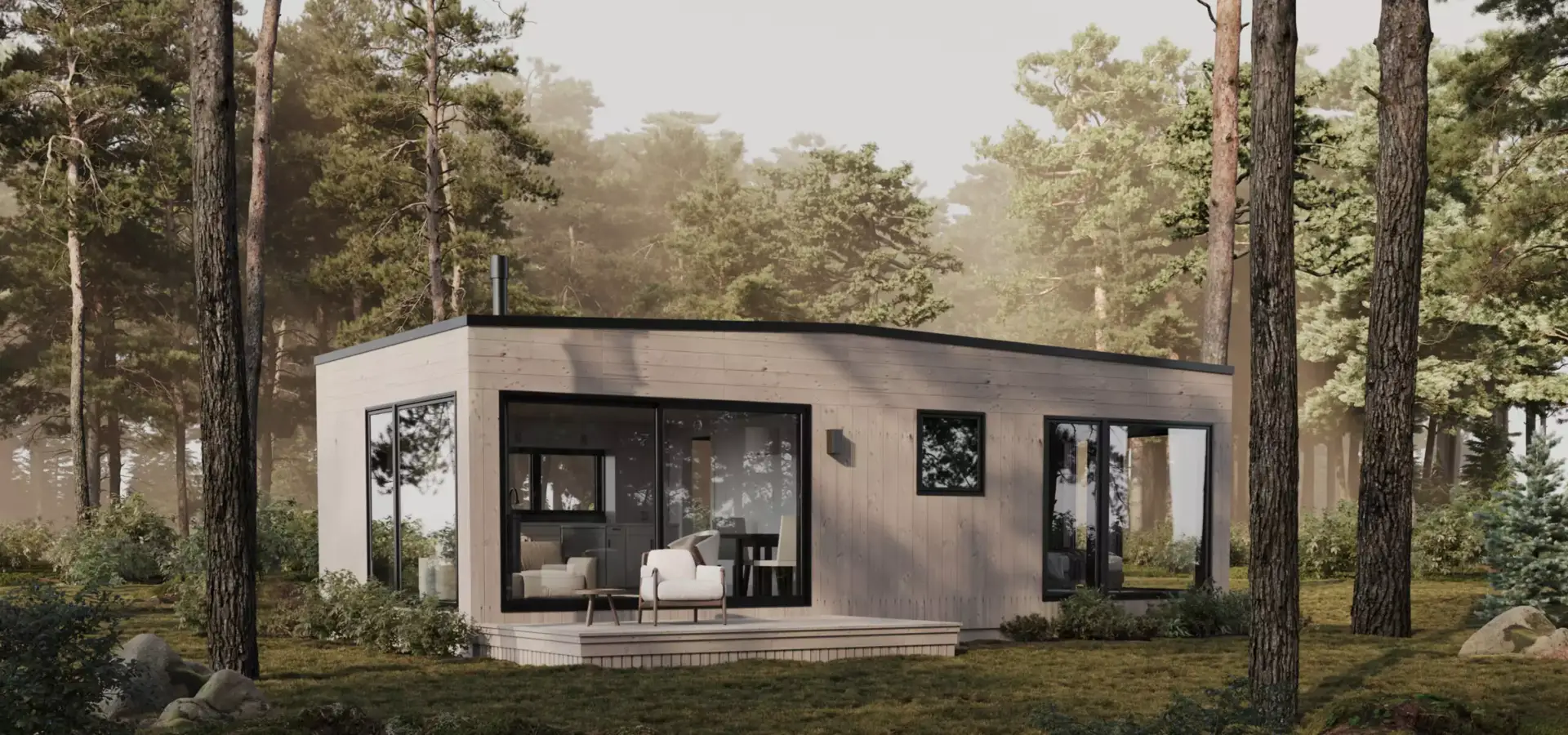 Modern forest house exterior with flat roof, wood facade, and large windows surrounded by pine trees