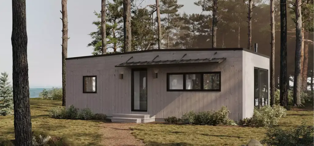 Modern forest house exterior with wood siding, front door, windows, and small awning among tall trees