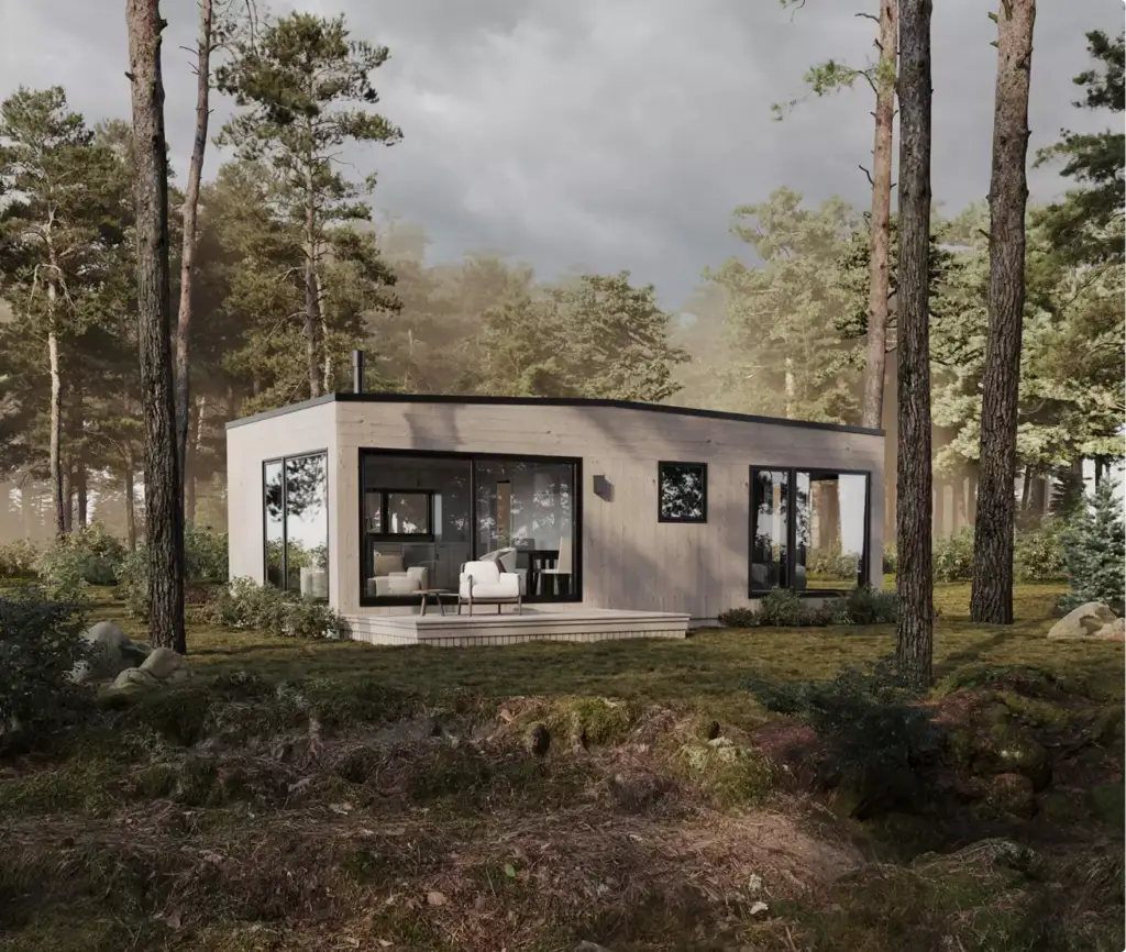 Modern forest house exterior with wood siding, large glass windows, and deck in wooded landscape